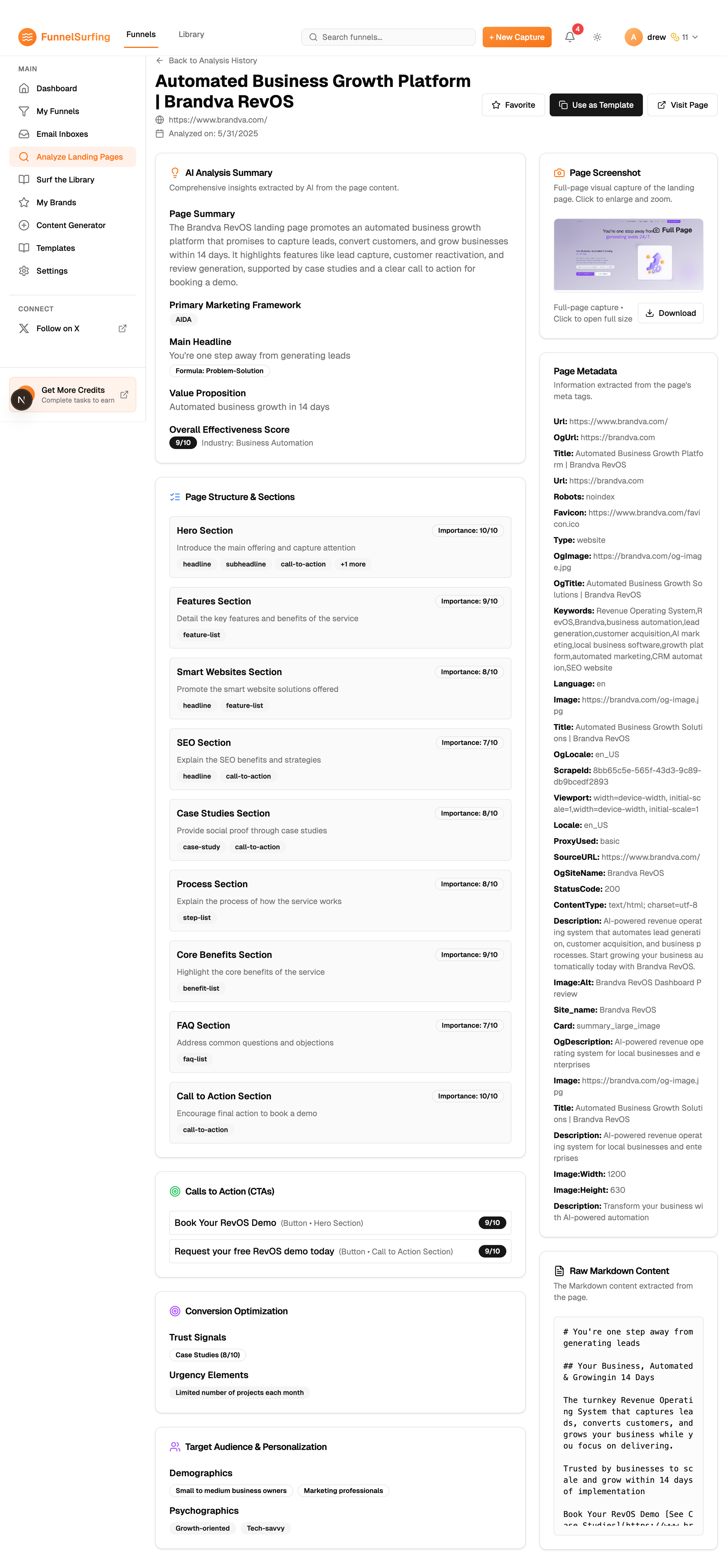 Landing page analysis screenshot